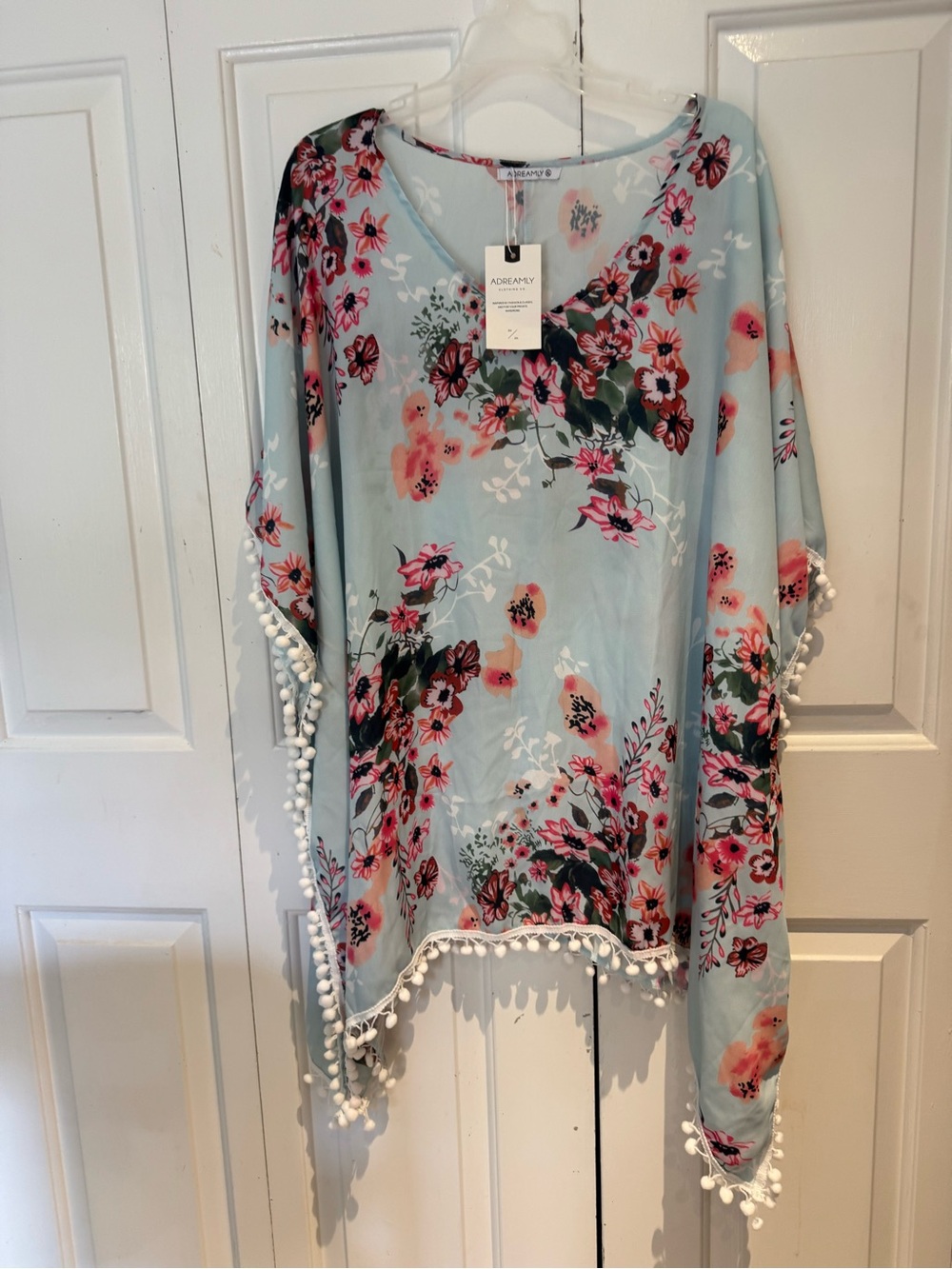 Adore Me Light Blue Floral V-Neck Tunic Cover up with Pom Pom Trim